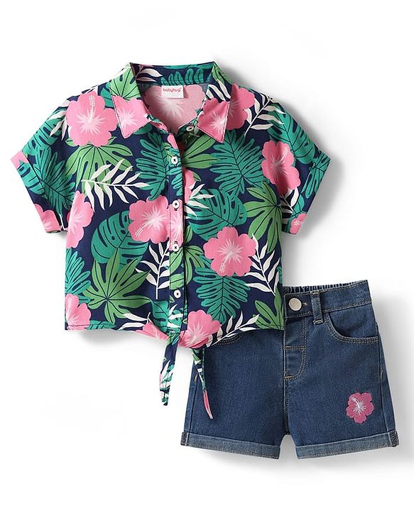Babyhug Rayon Woven Half Sleeves Front Open Top & Denim Shorts Set With Floral Print & Embroidery - Navy Blue