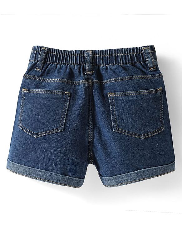 Babyhug Rayon Woven Half Sleeves Front Open Top & Denim Shorts Set With Floral Print & Embroidery - Navy Blue