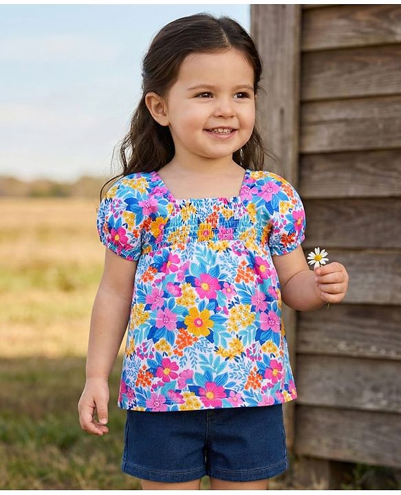 Babyhug Single Jersey Knit Half Puffed Sleeves Top & Shorts Set With Floral Print - White & Navy Blue
