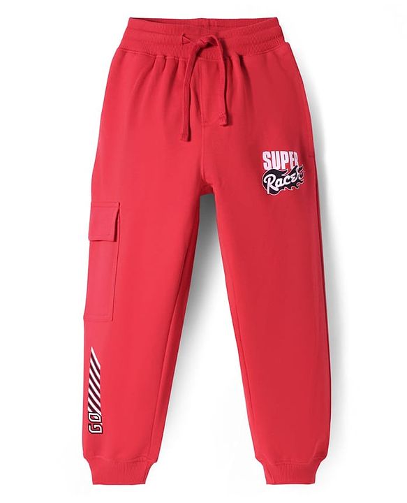 Pine Kids Cotton Knit Full Length Lounge Pants With Racer Text Print - Red