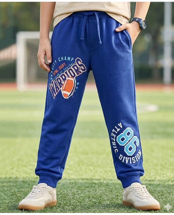 Pine Kids Knit Full Length Lounge Pants with Text Print - Blue