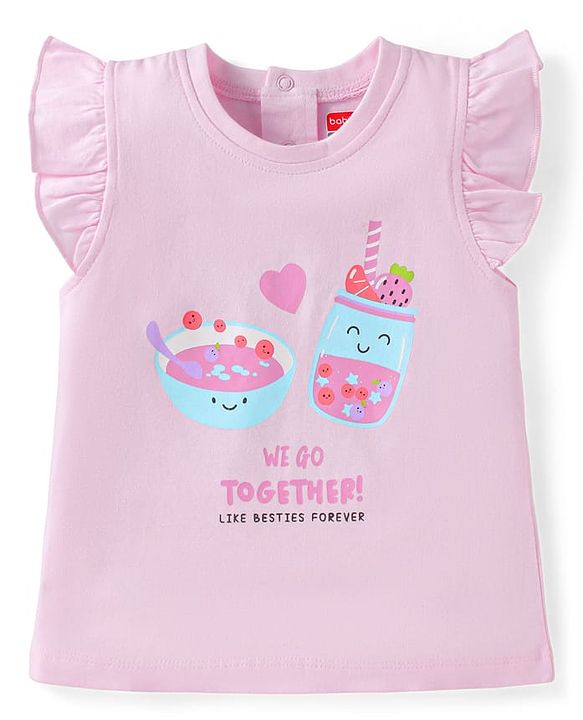 Babyhug Cotton Knit Frill Sleeves Shorts Night Suit with Hearts & Text Print - Pink