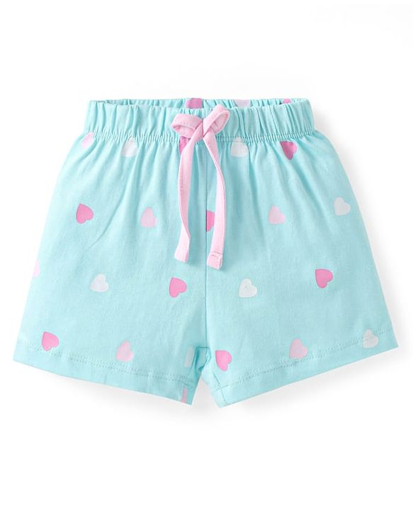 Babyhug Cotton Knit Frill Sleeves Shorts Night Suit with Hearts & Text Print - Pink