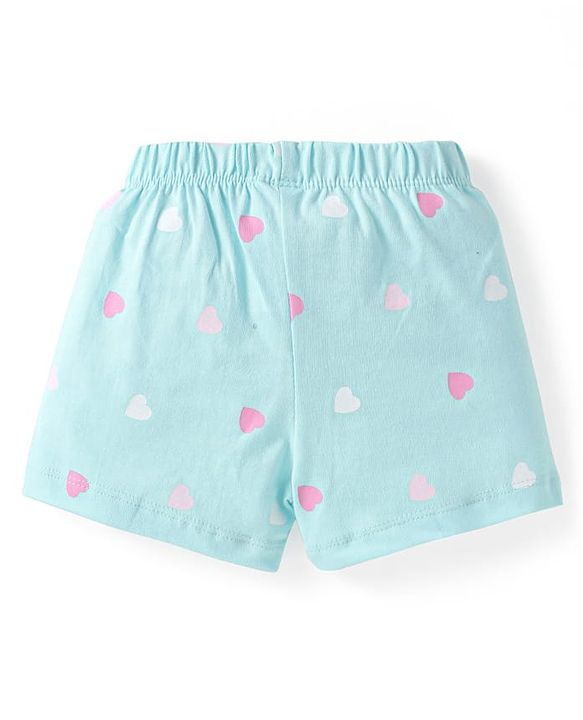 Babyhug Cotton Knit Frill Sleeves Shorts Night Suit with Hearts & Text Print - Pink
