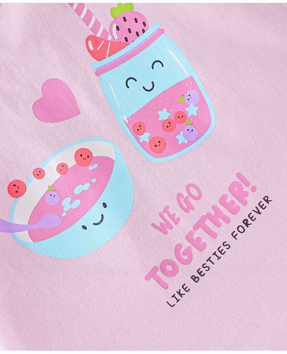 Babyhug Cotton Knit Frill Sleeves Shorts Night Suit with Hearts & Text Print - Pink