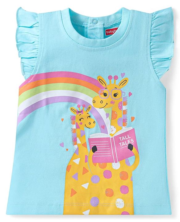 Babyhug Cotton Knit Frill Sleeves Shorts Night Suit with Giraffe & Polka Dots Print - Light Blue