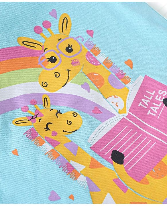 Babyhug Cotton Knit Frill Sleeves Shorts Night Suit with Giraffe & Polka Dots Print - Light Blue