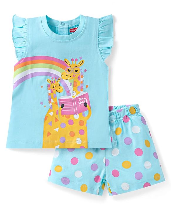 Babyhug Cotton Knit Frill Sleeves Shorts Night Suit with Giraffe & Polka Dots Print - Light Blue