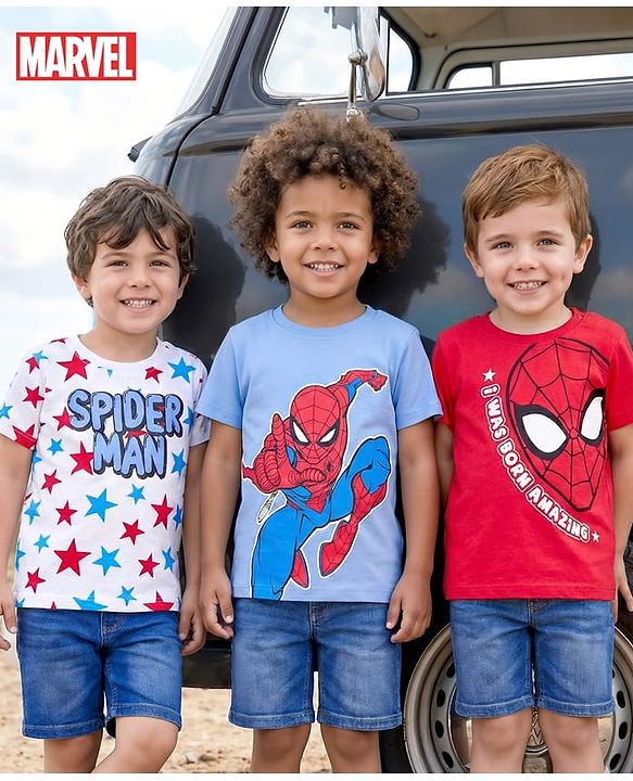 Babyhug Marvel Single Jersey Knit Half Sleeves T-Shirts with Spiderman Graphics Pack of 3 - Red White & Blue