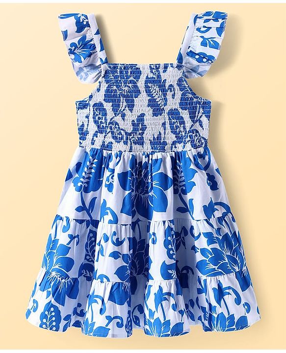 Pine Kids Cotton Woven Frilled Sleeves Frocks with Smock Detailing & Floral Print - Blue & White
