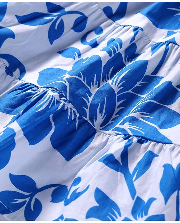 Pine Kids Cotton Woven Frilled Sleeves Frocks with Smock Detailing & Floral Print - Blue & White