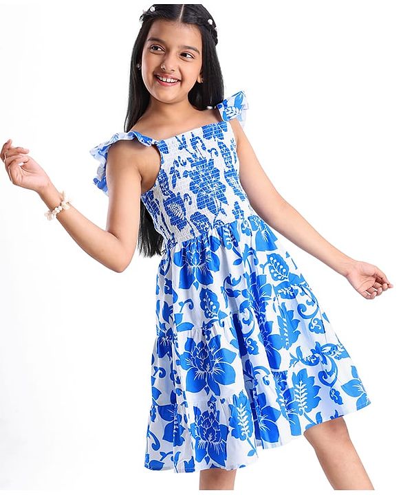Pine Kids Cotton Woven Frilled Sleeves Frocks with Smock Detailing & Floral Print - Blue & White