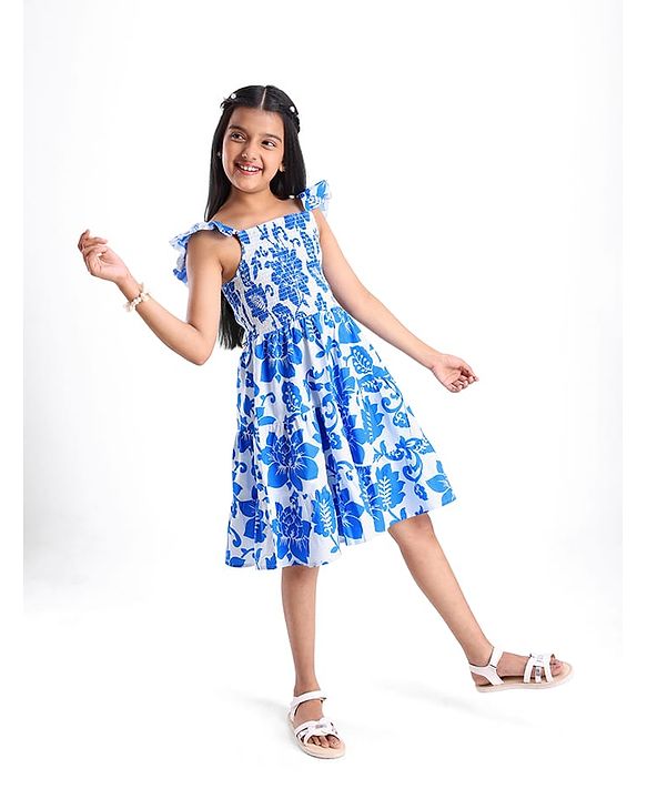 Pine Kids Cotton Woven Frilled Sleeves Frocks with Smock Detailing & Floral Print - Blue & White