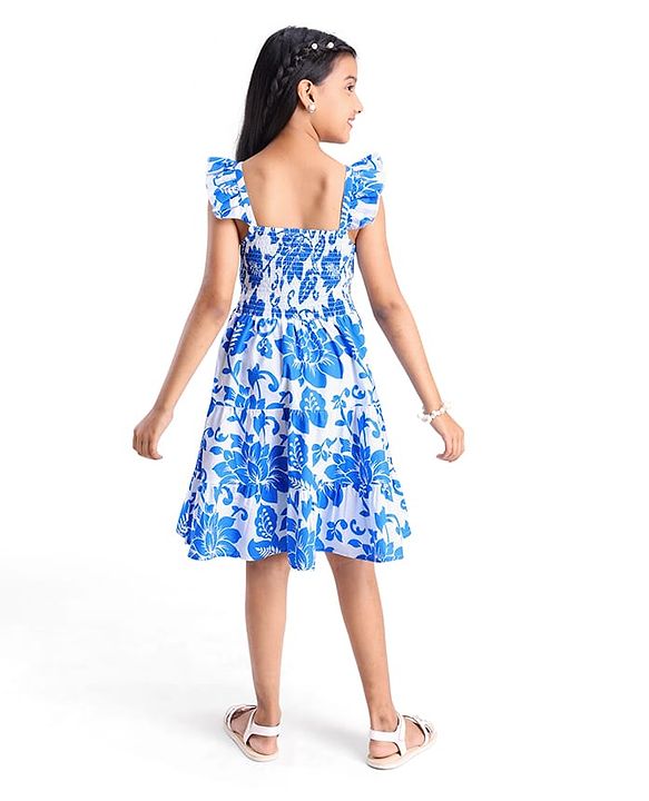 Pine Kids Cotton Woven Frilled Sleeves Frocks with Smock Detailing & Floral Print - Blue & White