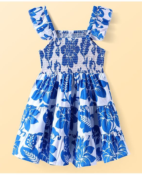 Pine Kids Cotton Woven Frilled Sleeves Frocks with Smock Detailing & Floral Print - Blue & White