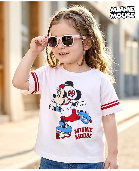 Babyhug Disney Single Jersey Half Drop Shoulder Sleeves T-Shirt with Minnie Mouse Print - White