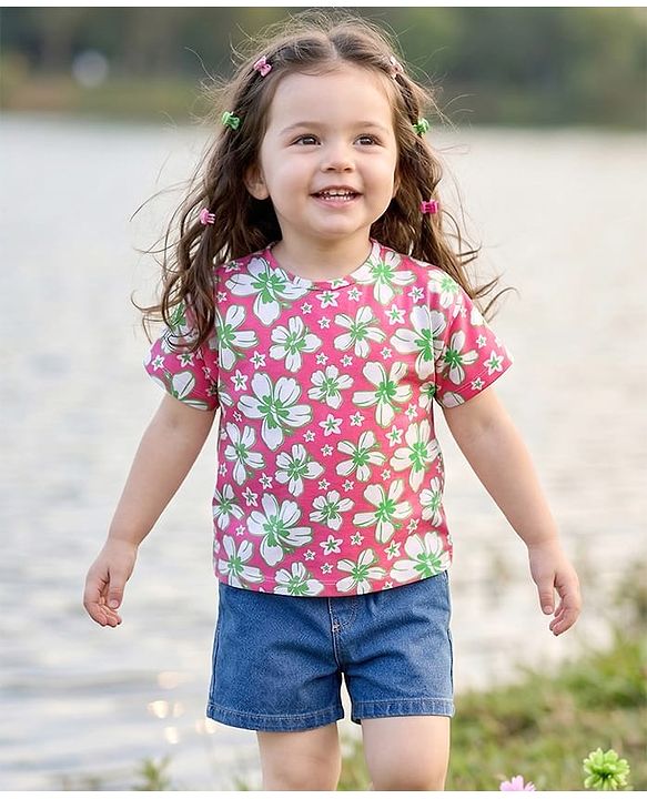 Babyhug Single Jersey Knit Half Sleeves Floral Printed T-Shirt & Solid Denim Shorts Set - Pink & Blue
