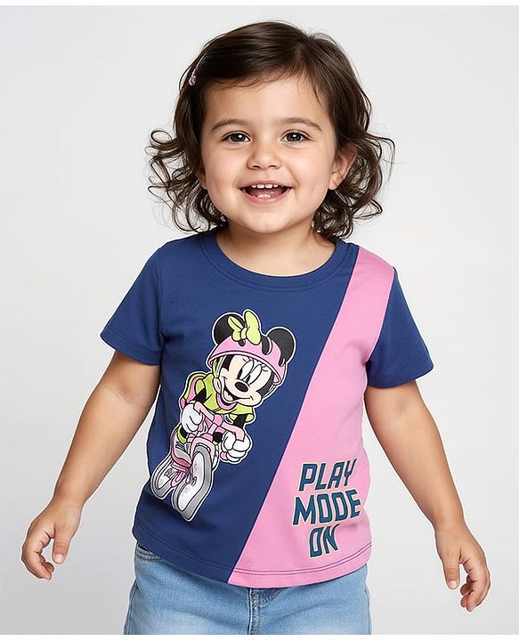 Babyhug Disney Single Jersey Knit Half Sleeve Cut & Sew T-Shirt With Minnie Mouse Graphic - Pink & Navy Blue