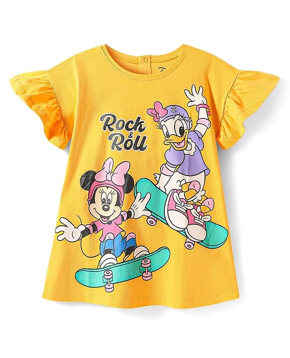 Babyhug Disney Single Jersey Knit Half Sleeves Frock With Minnie & Daisy Graphic - Yellow