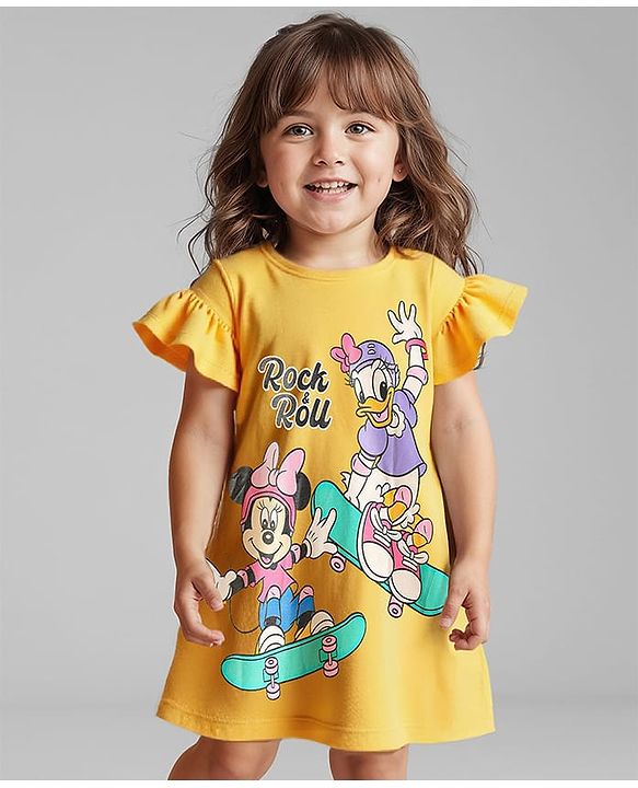 Babyhug Disney Single Jersey Knit Half Sleeves Frock With Minnie & Daisy Graphic - Yellow