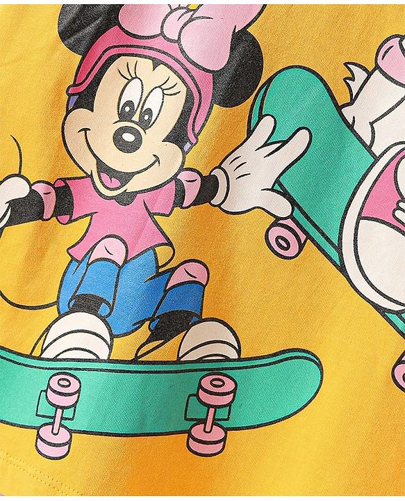 Babyhug Disney Single Jersey Knit Half Sleeves Frock With Minnie & Daisy Graphic - Yellow