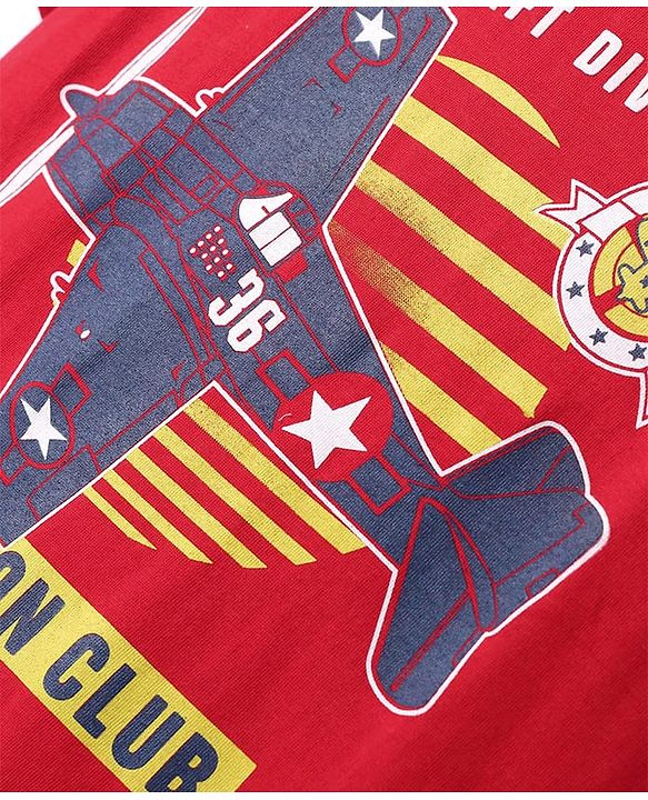 Pine Kids Cotton Knit Half Sleeves T-Shirt With Aircraft Text Print - Red