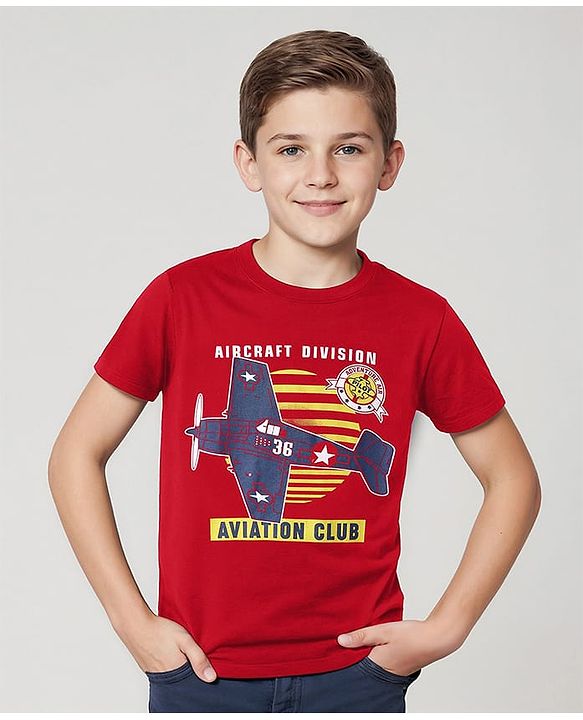 Pine Kids Cotton Knit Half Sleeves T-Shirt With Aircraft Text Print - Red
