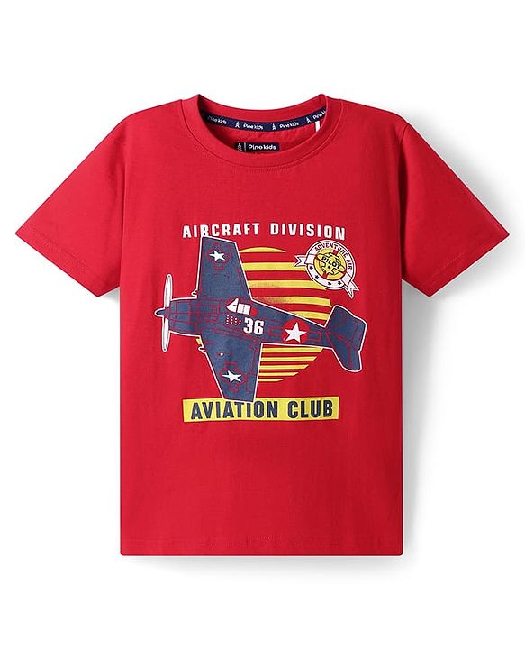 Pine Kids Cotton Knit Half Sleeves T-Shirt With Aircraft Text Print - Red