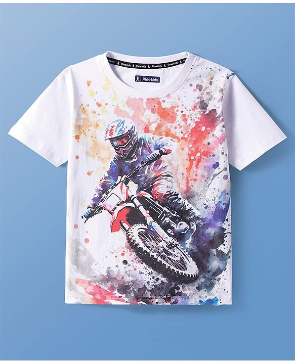 Pine Kids Cotton Knit Half Sleeves T-Shirt With Motocross Print - White