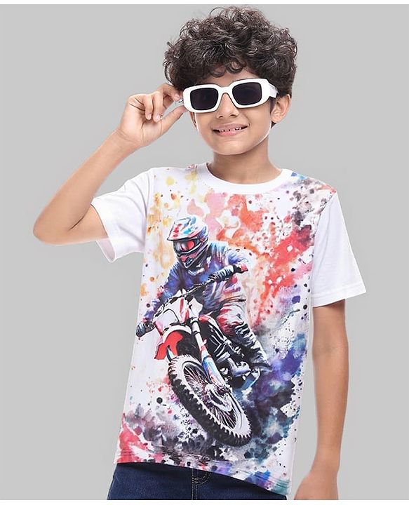 Pine Kids Cotton Knit Half Sleeves T-Shirt With Motocross Print - White