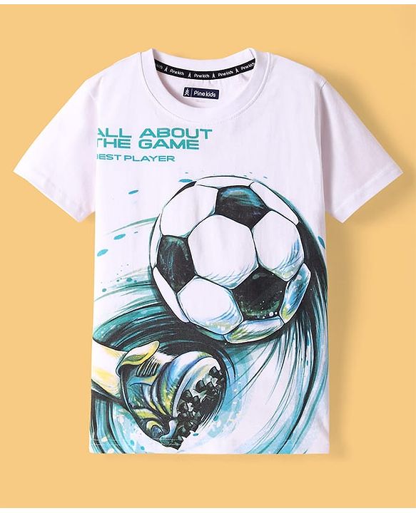 Pine Kids Cotton Knit Half Sleeves T-Shirt with Football Print - White