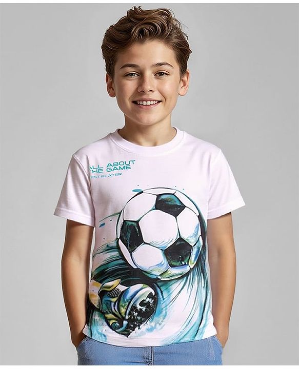 Pine Kids Cotton Knit Half Sleeves T-Shirt with Football Print - White