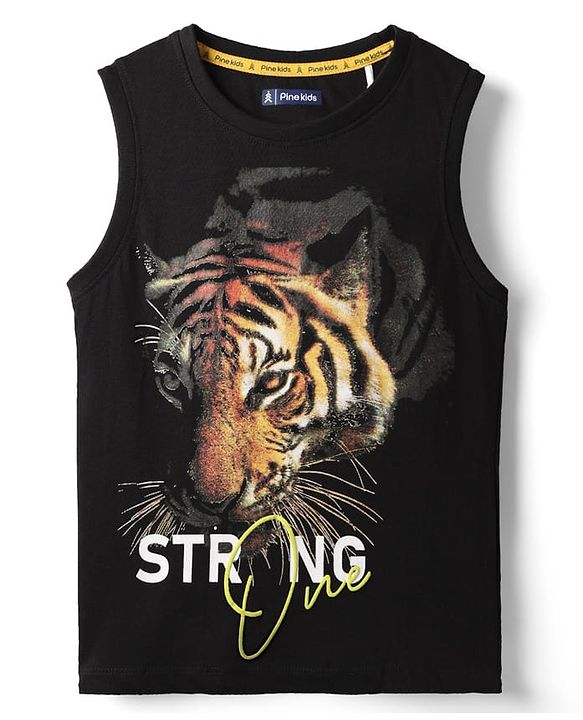 Pine Kids Cotton Knit Sleeveless Tank T-Shirt with Tiger Print - Black