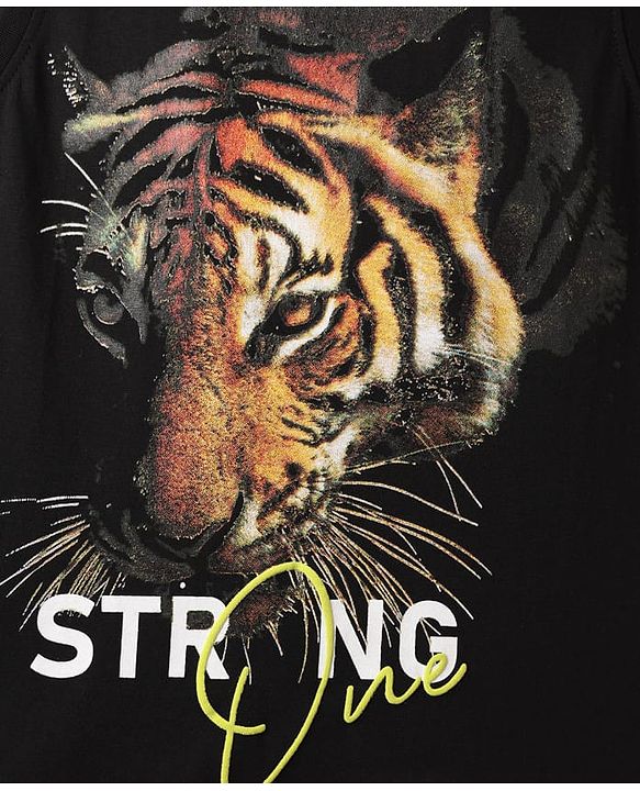 Pine Kids Cotton Knit Sleeveless Tank T-Shirt with Tiger Print - Black