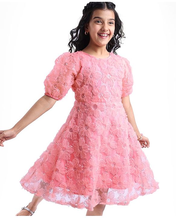Pine Kids Woven Half Sleeves Sequined & Flower Applique Party Wear Dress - Pink