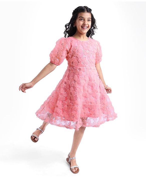 Pine Kids Woven Half Sleeves Sequined & Flower Applique Party Wear Dress - Pink