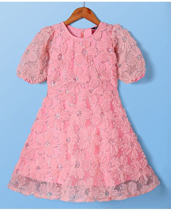 Pine Kids Woven Half Sleeves Sequined & Flower Applique Party Wear Dress - Pink
