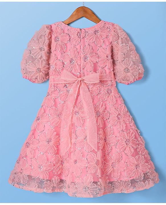 Pine Kids Woven Half Sleeves Sequined & Flower Applique Party Wear Dress - Pink