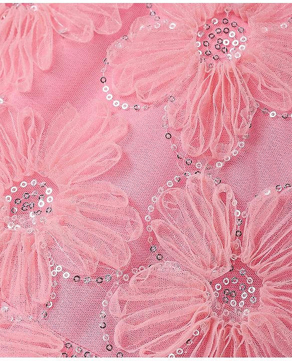 Pine Kids Woven Half Sleeves Sequined & Flower Applique Party Wear Dress - Pink