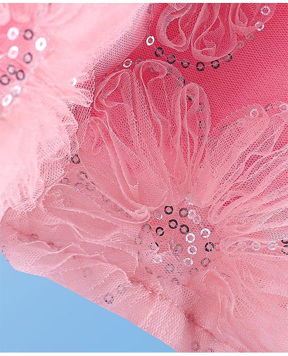Pine Kids Woven Half Sleeves Sequined & Flower Applique Party Wear Dress - Pink