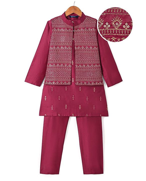 Pine Kids Woven Full Sleeves Floral Printed Kurta Pyjama Set with Emboroidered Nehru Jacket - Maroon
