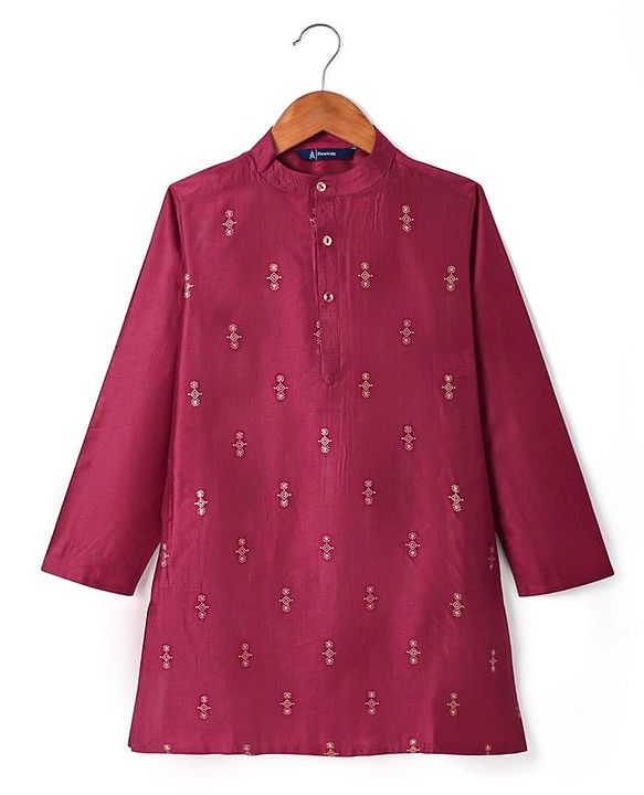 Pine Kids Woven Full Sleeves Floral Printed Kurta Pyjama Set with Emboroidered Nehru Jacket - Maroon