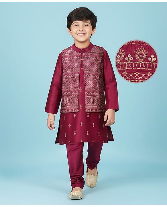 Pine Kids Woven Full Sleeves Floral Printed Kurta Pyjama Set with Emboroidered Nehru Jacket - Maroon