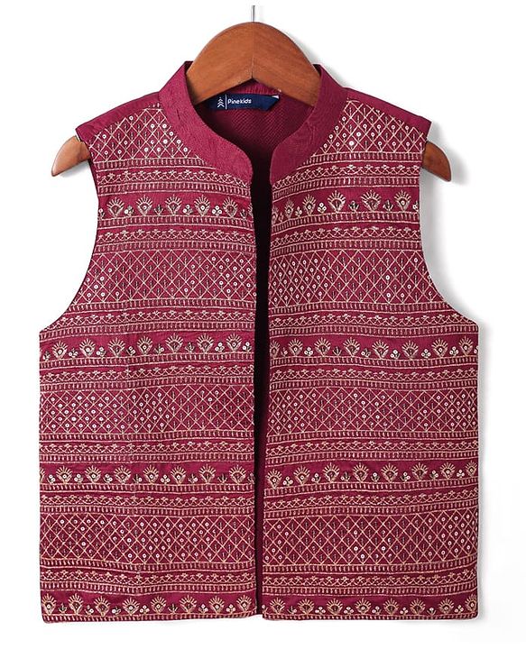 Pine Kids Woven Full Sleeves Floral Printed Kurta Pyjama Set with Emboroidered Nehru Jacket - Maroon