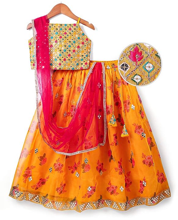 Pine Kids Woven  Singlet Sleeves Mirror & Floral Embroidered Choli Lehenga Set with Dupatta - Mustard