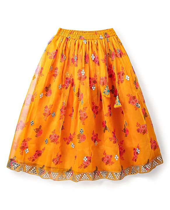 Pine Kids Woven  Singlet Sleeves Mirror & Floral Embroidered Choli Lehenga Set with Dupatta - Mustard