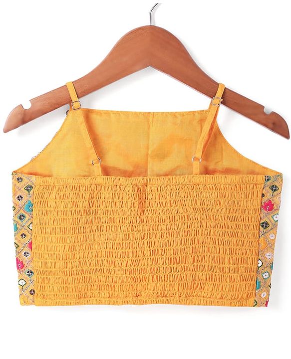 Pine Kids Woven  Singlet Sleeves Mirror & Floral Embroidered Choli Lehenga Set with Dupatta - Mustard