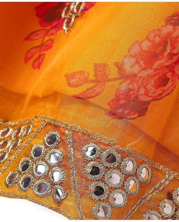 Pine Kids Woven  Singlet Sleeves Mirror & Floral Embroidered Choli Lehenga Set with Dupatta - Mustard