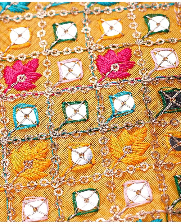 Pine Kids Woven  Singlet Sleeves Mirror & Floral Embroidered Choli Lehenga Set with Dupatta - Mustard