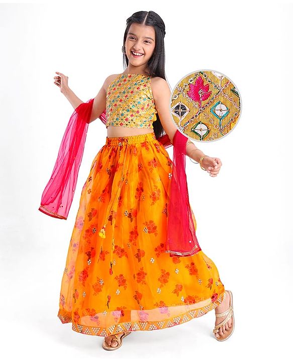 Pine Kids Woven  Singlet Sleeves Mirror & Floral Embroidered Choli Lehenga Set with Dupatta - Mustard